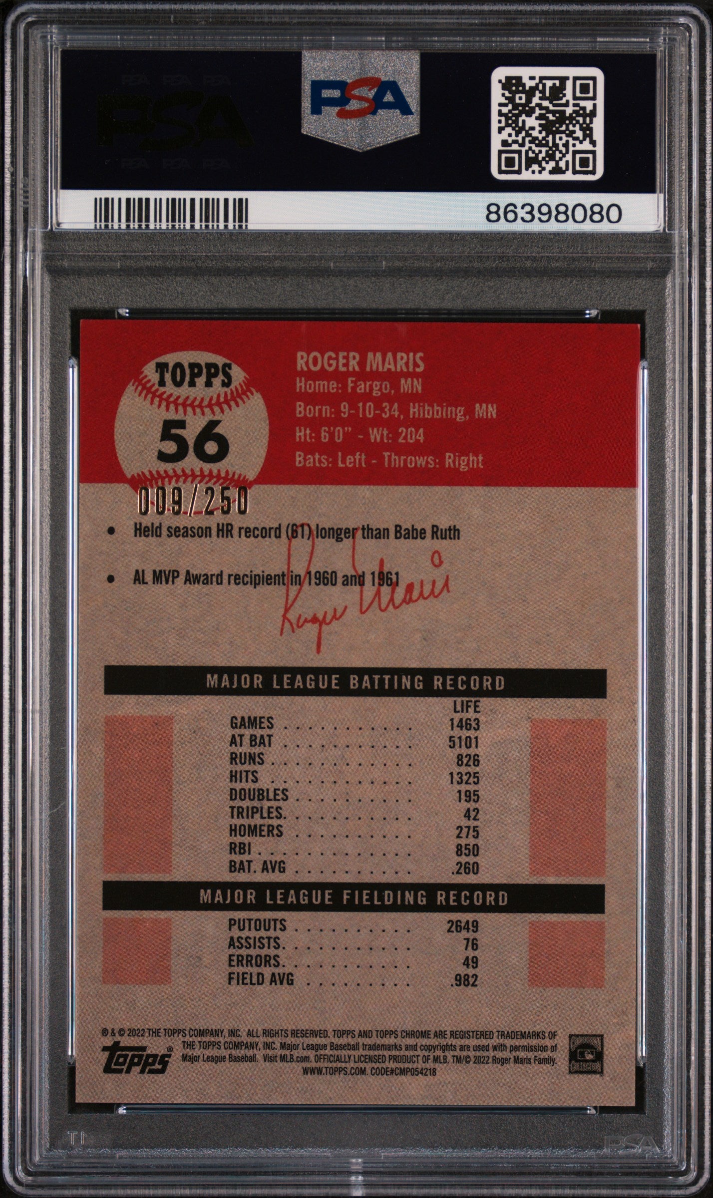 Roger Maris 2022 Topps Chrome Yellow Raywave Refractor Baseball Card #56 Graded PSA 10 9/250-Powers Sports Memorabilia
