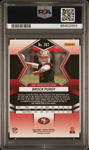 Brock Purdy 2022 Panini Mosaic Football Rookie Card #367 Graded PSA 10 Cert #86402656-Powers Sports Memorabilia