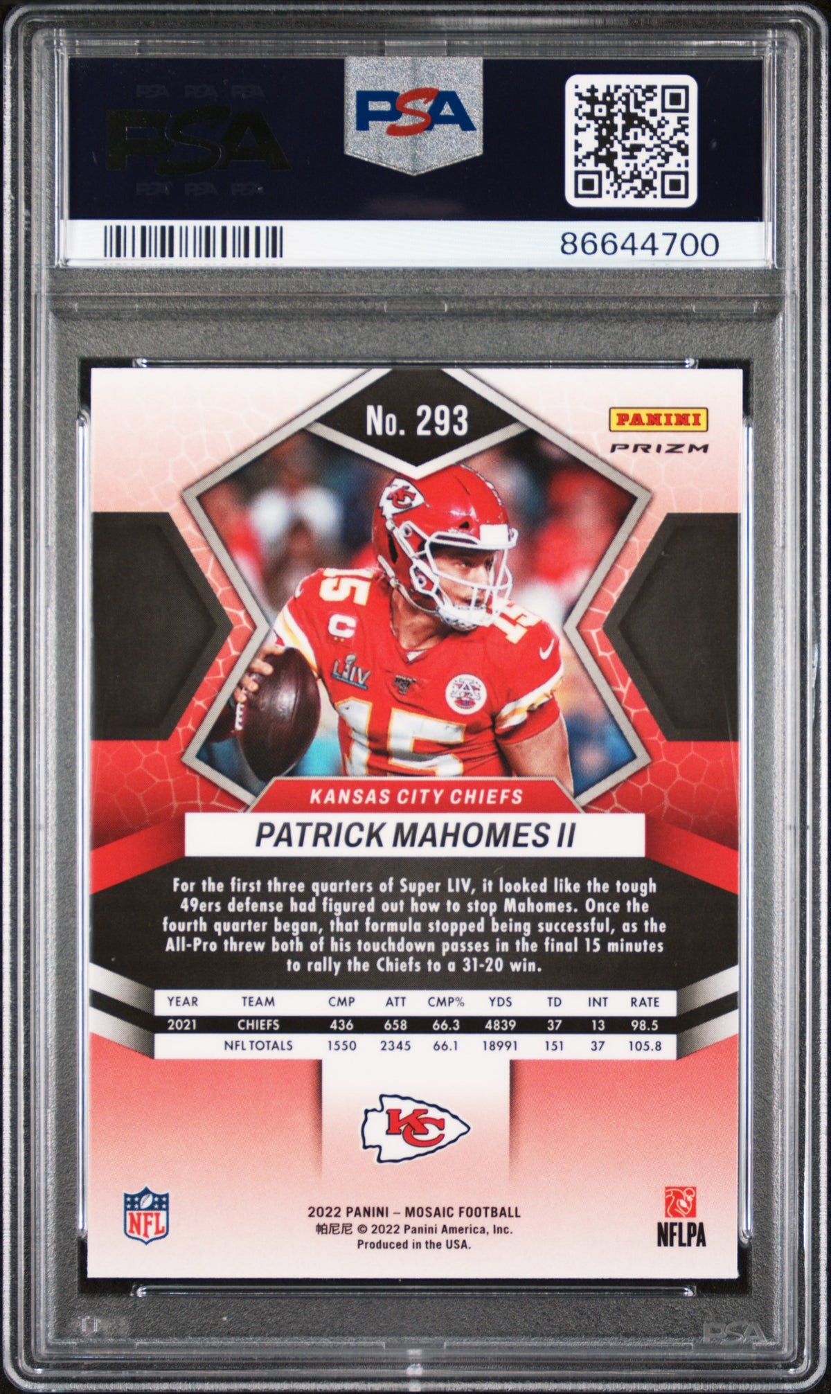 Patrick Mahomes II 2022 Mosaic Red Sparkle Super Bowl LIV MVP Kansas City Chiefs Football Card #293 Graded PSA 10 Cert #86644700-Powers Sports Memorabilia
