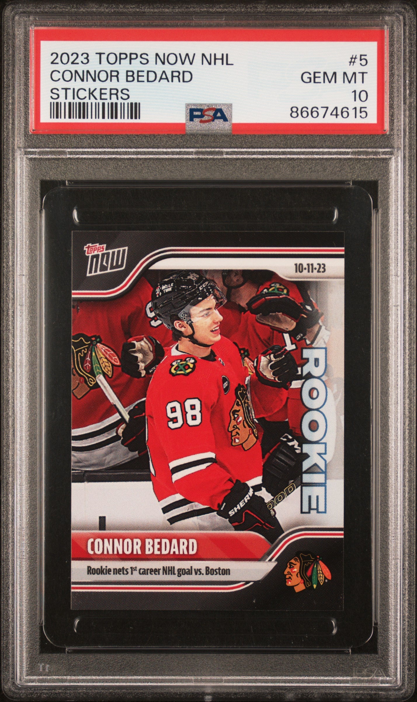 Connor Bedard 2023 Topps Now NHL Stickers Rookie Hockey Card #5 Graded PSA 10 Cert #86674615-Powers Sports Memorabilia