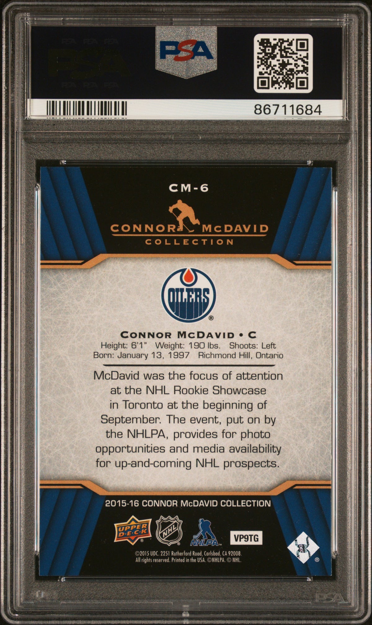 Connor McDavid 2015 Upper Deck Collection Hockey Rookie Card #CM-6 Graded PSA 10 Cert #86711684-Powers Sports Memorabilia