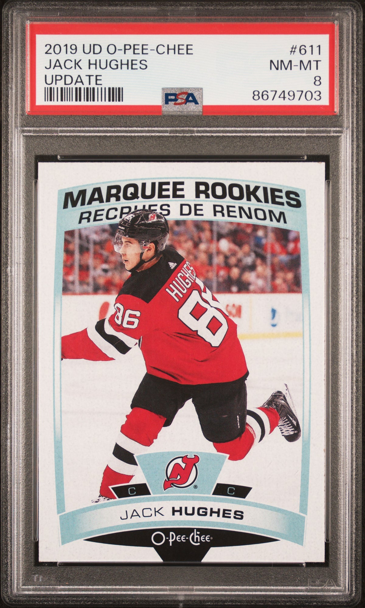 Jack Hughes 2019 Upper Deck O Pee Chee Update Marquee Rookies Hockey Card #611 Graded PSA 8 Cert #86749703-Powers Sports Memorabilia