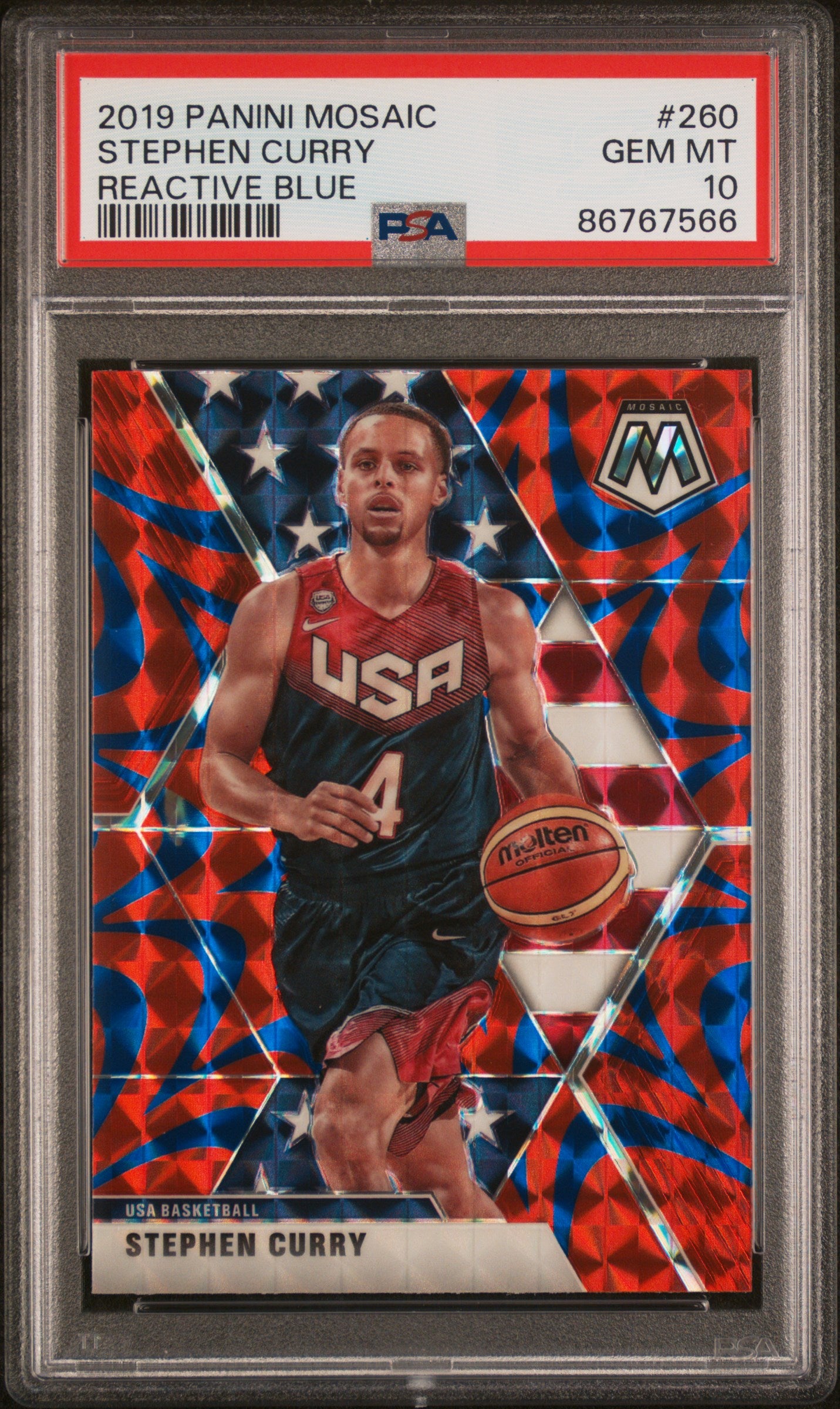 Stephen Curry 2019 Panini Mosaic Reactive Blue Card #260 PSA 10-Powers Sports Memorabilia