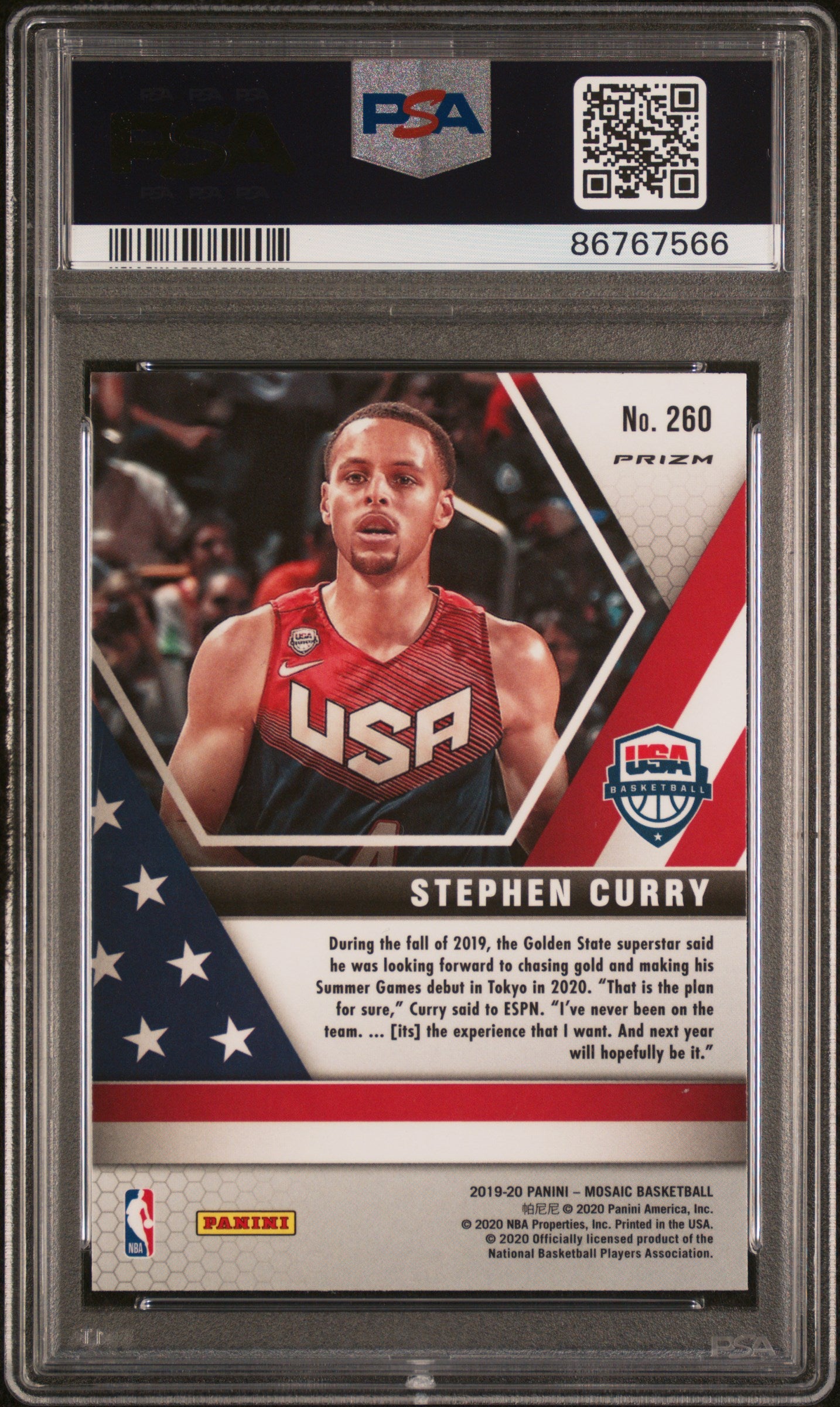 Stephen Curry 2019 Panini Mosaic Reactive Blue Card #260 PSA 10-Powers Sports Memorabilia
