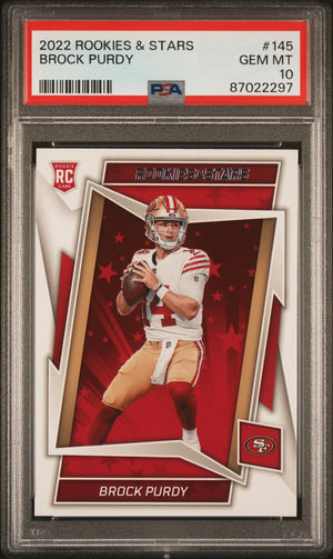 Brock Purdy 2022 Rookies and Stars Rookie Football Card #145 Graded PSA 10 Cert #87022297-Powers Sports Memorabilia
