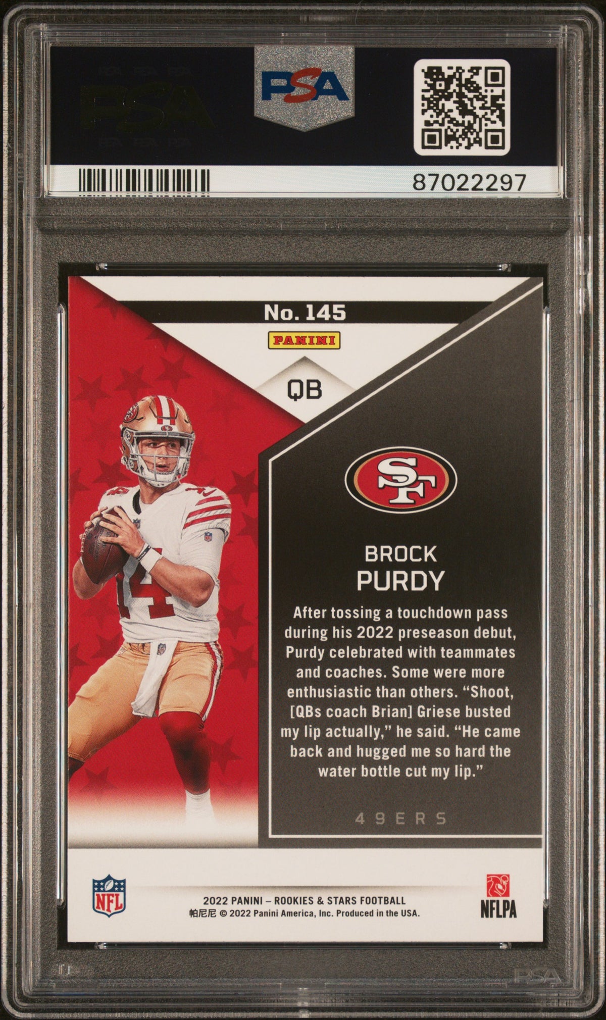 Brock Purdy 2022 Rookies and Stars Rookie Football Card #145 Graded PSA 10 Cert #87022297-Powers Sports Memorabilia