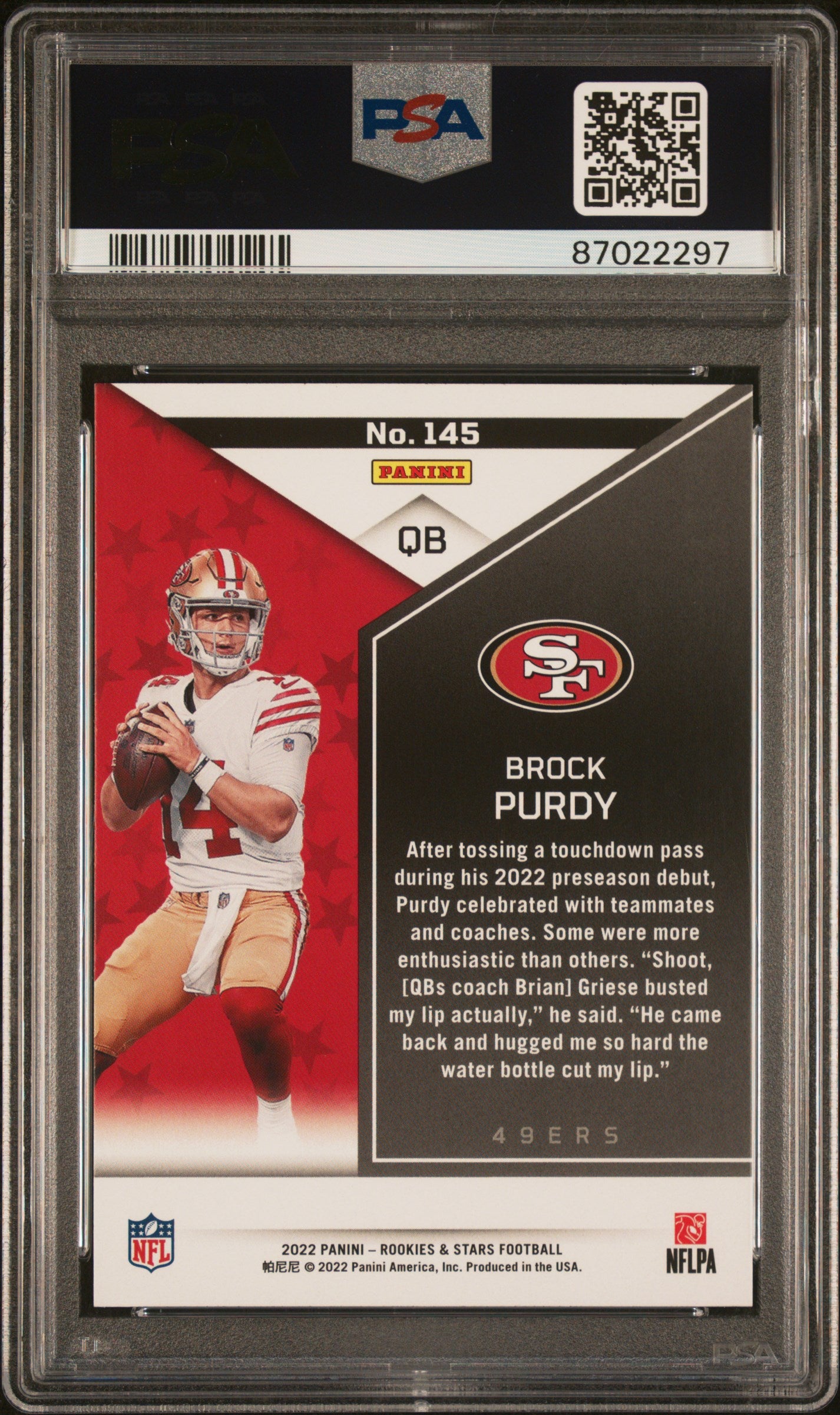 Brock Purdy 2022 Rookies and Stars Rookie Football Card #145 Graded PSA 10 Cert #87022297-Powers Sports Memorabilia