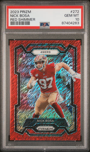 Nick Bosa 2023 Panini Prizm Red Shimmer Football Card #272 Graded PSA 10 18/35 Cert # 87404263-Powers Sports Memorabilia