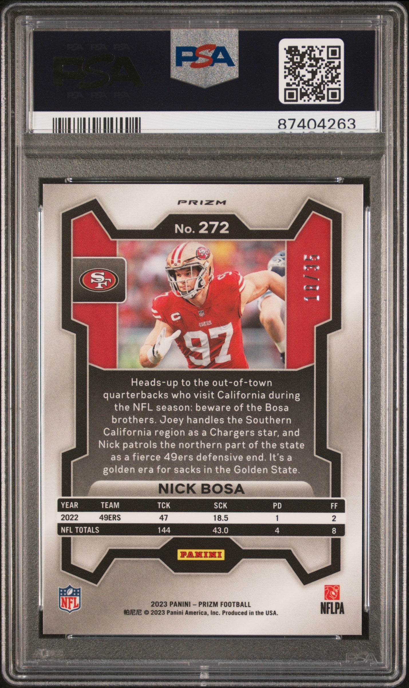 Nick Bosa 2023 Panini Prizm Red Shimmer Football Card #272 Graded PSA 10 18/35 Cert # 87404263-Powers Sports Memorabilia