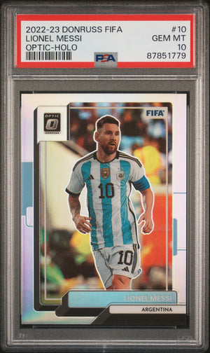 Lionel Messi 2022 Panini Donruss Optic Holo FIFA Soccer Card #10 Graded PSA 10-Powers Sports Memorabilia