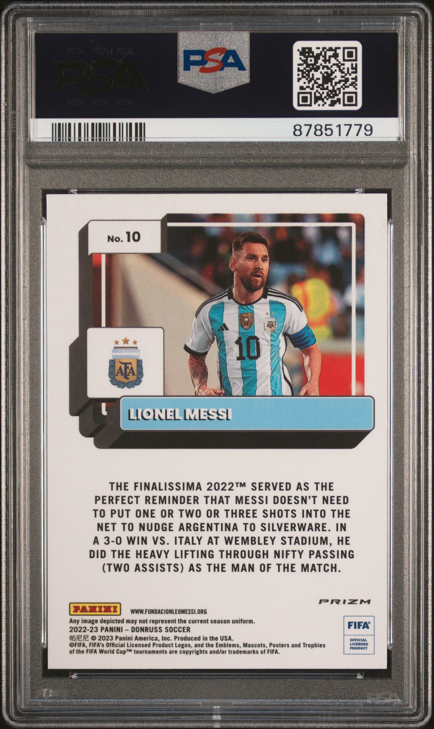 Lionel Messi 2022 Panini Donruss Optic Holo FIFA Soccer Card #10 Graded PSA 10-Powers Sports Memorabilia
