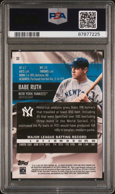 Babe Ruth 2021 Topps Stadium Club Chrome Baseball Card #32 Graded PSA 10-Powers Sports Memorabilia
