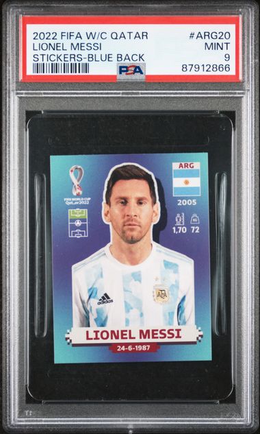 Lionel Messi 2022 World Cup Qatar Soccer Sticker Blue Card #ARG20 Graded PSA 9-Powers Sports Memorabilia