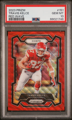 Travis Kelce 2023 Panini Prizm Red Wave Football Card #151 Graded PSA 10 138/149 Cert # 88021746-Powers Sports Memorabilia