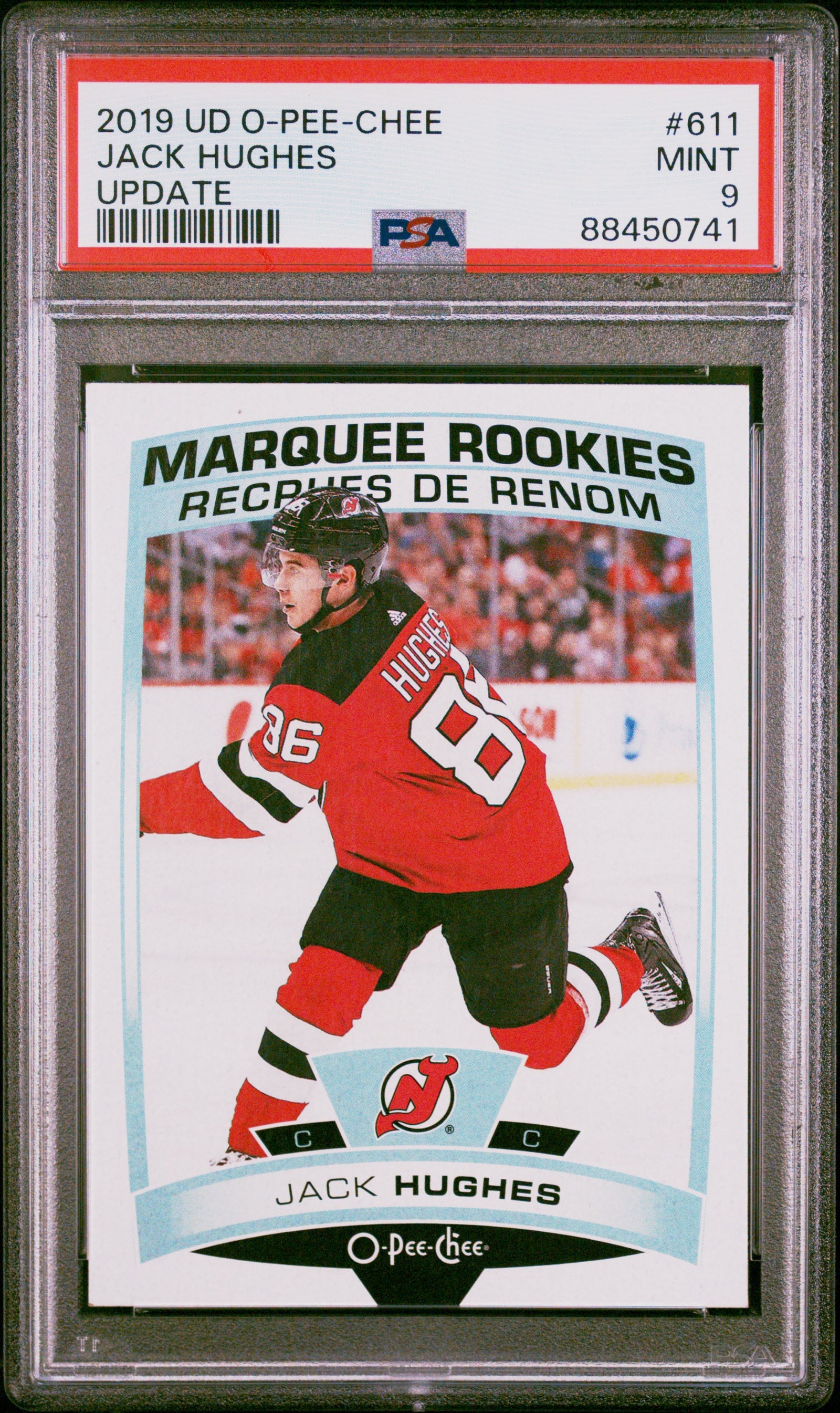 Jack Hughes 2019 Upper Deck O-Pee-Chee Update Rookie Card #611 PSA 9-Powers Sports Memorabilia