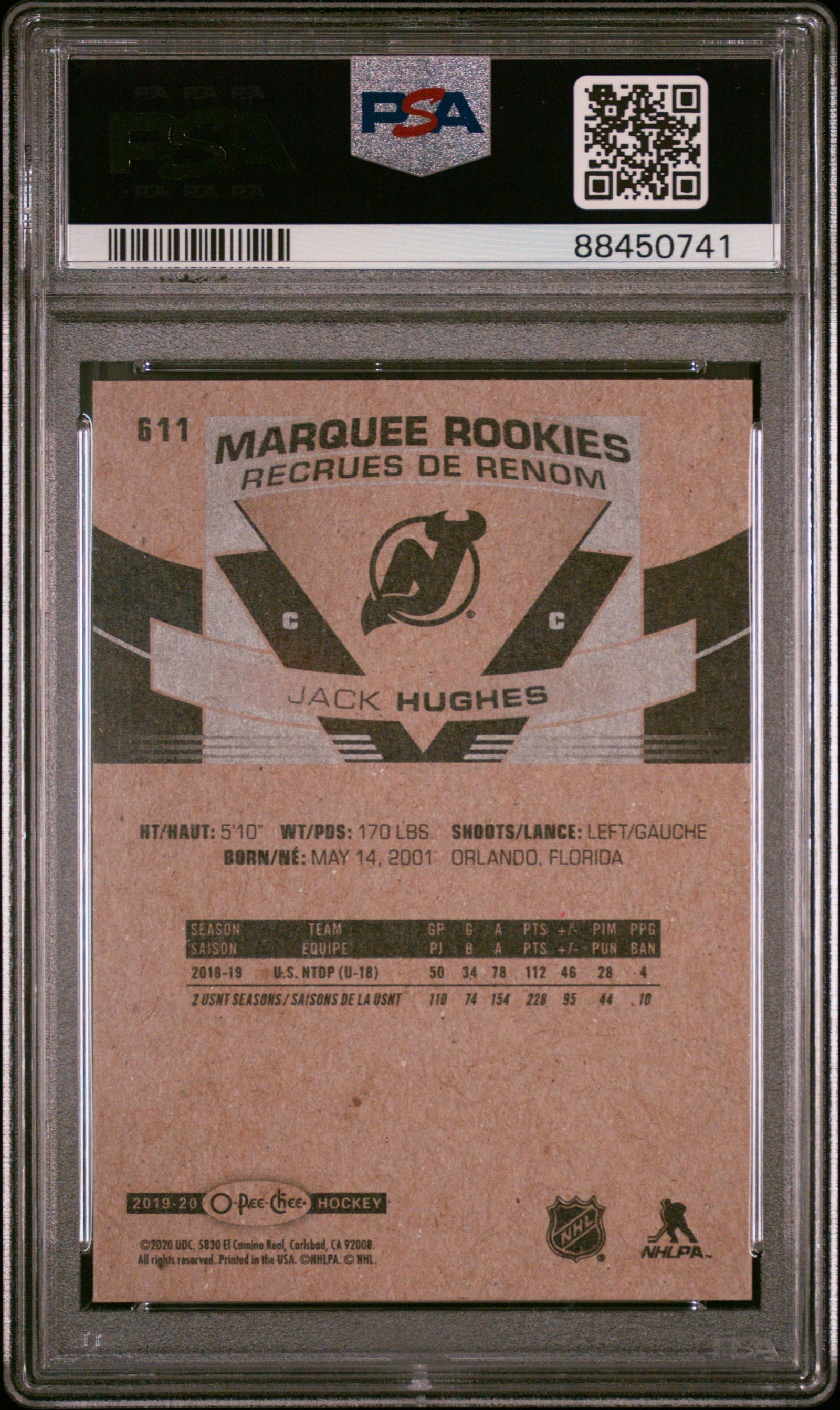 Jack Hughes 2019 Upper Deck O-Pee-Chee Update Rookie Card #611 PSA 9-Powers Sports Memorabilia