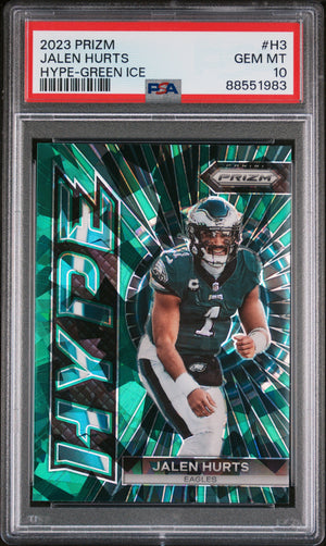 Jalen Hurts 2023 Prizm Hype Green Ice Football Card #H3 Graded PSA 10-Powers Sports Memorabilia