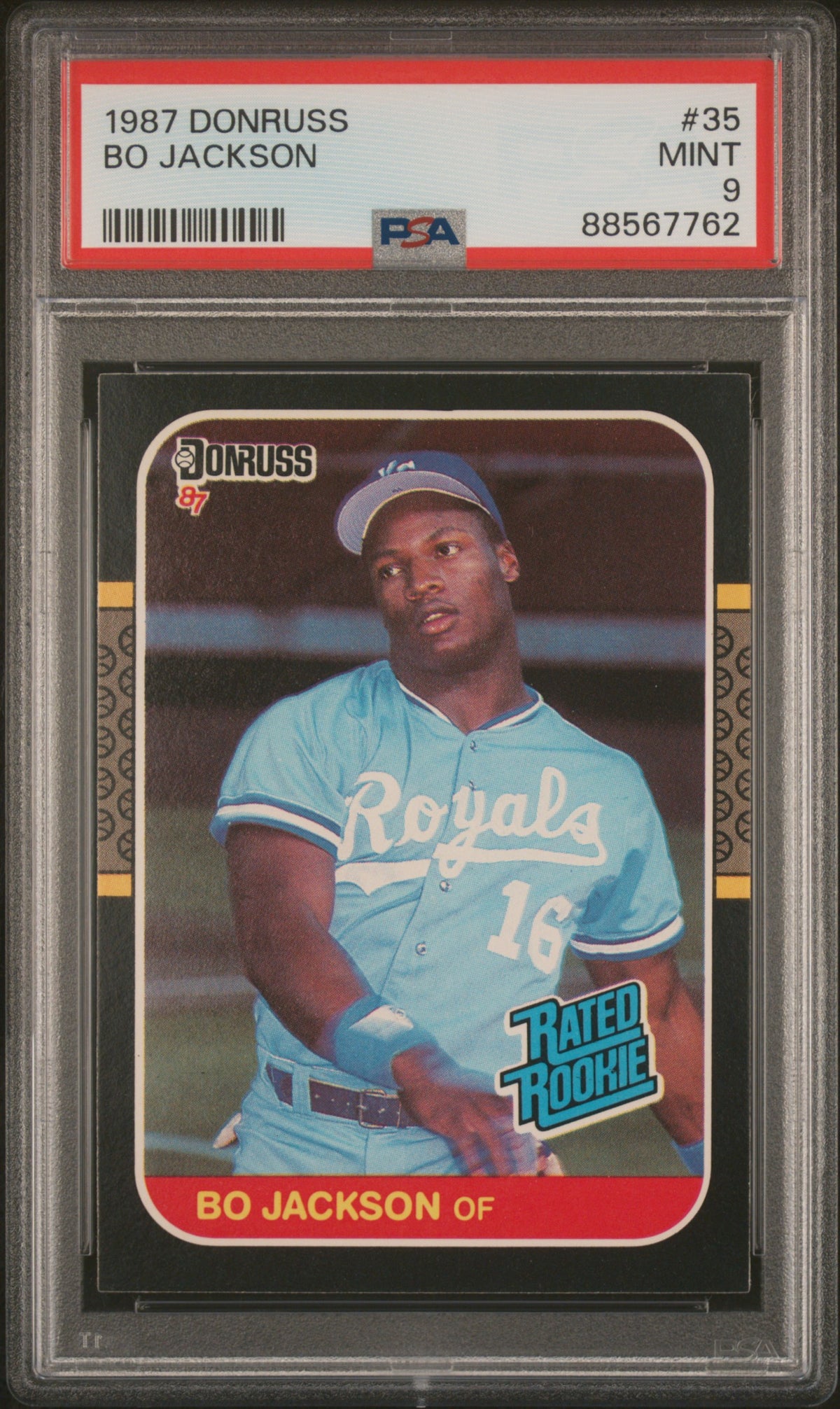 Bo Jackson 1987 Donruss Rated Rookie Kansas City Royals RC Baseball Card #35 Graded PSA 9 Cert #88567762-Powers Sports Memorabilia