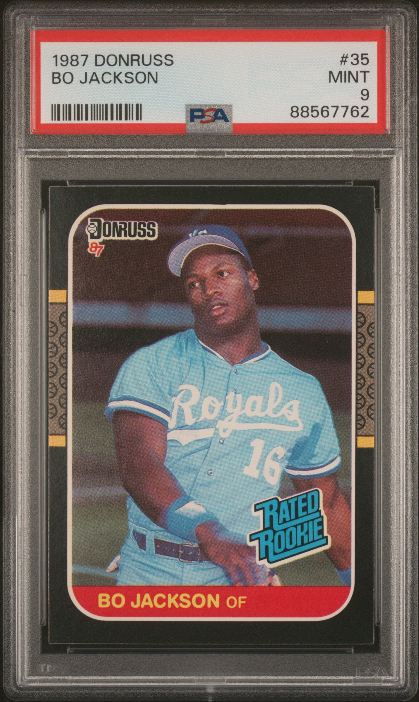 Bo Jackson 1987 Donruss Rated Rookie Kansas City Royals RC Baseball Card #35 Graded PSA 9 Cert #88567762-Powers Sports Memorabilia