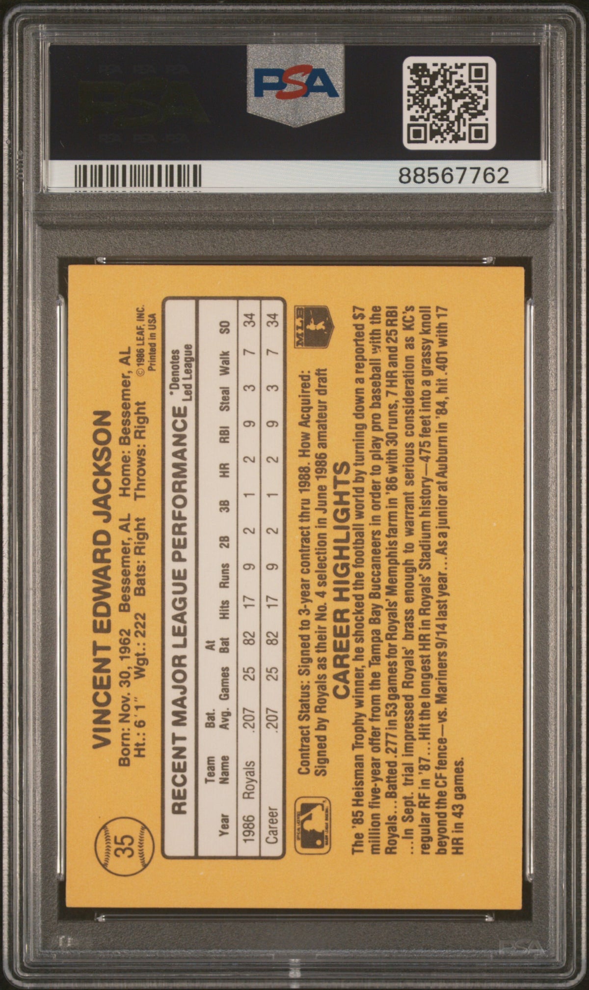 Bo Jackson 1987 Donruss Rated Rookie Kansas City Royals RC Baseball Card #35 Graded PSA 9 Cert #88567762-Powers Sports Memorabilia
