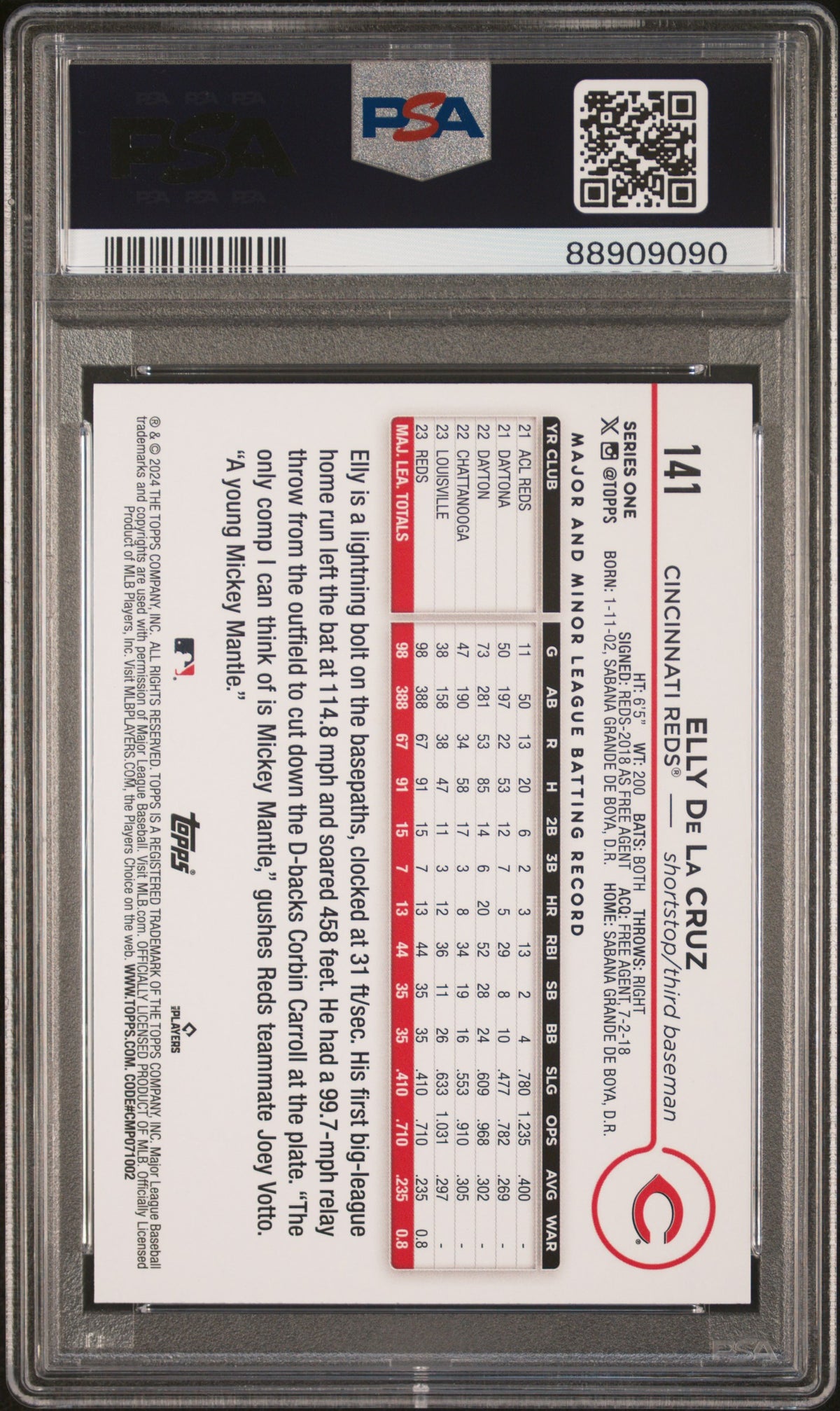 Elly De La Cruz 2024 Topps Reds Cincinnati Reds Baseball RC Rookie Card #141 Graded PSA 10 Cert #88909090