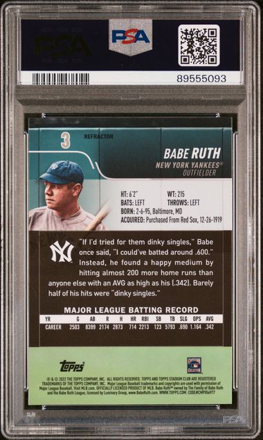 Babe Ruth 2022 Stadium Club Chrome Refractor Baseball Card #3 Graded PSA 10-Powers Sports Memorabilia