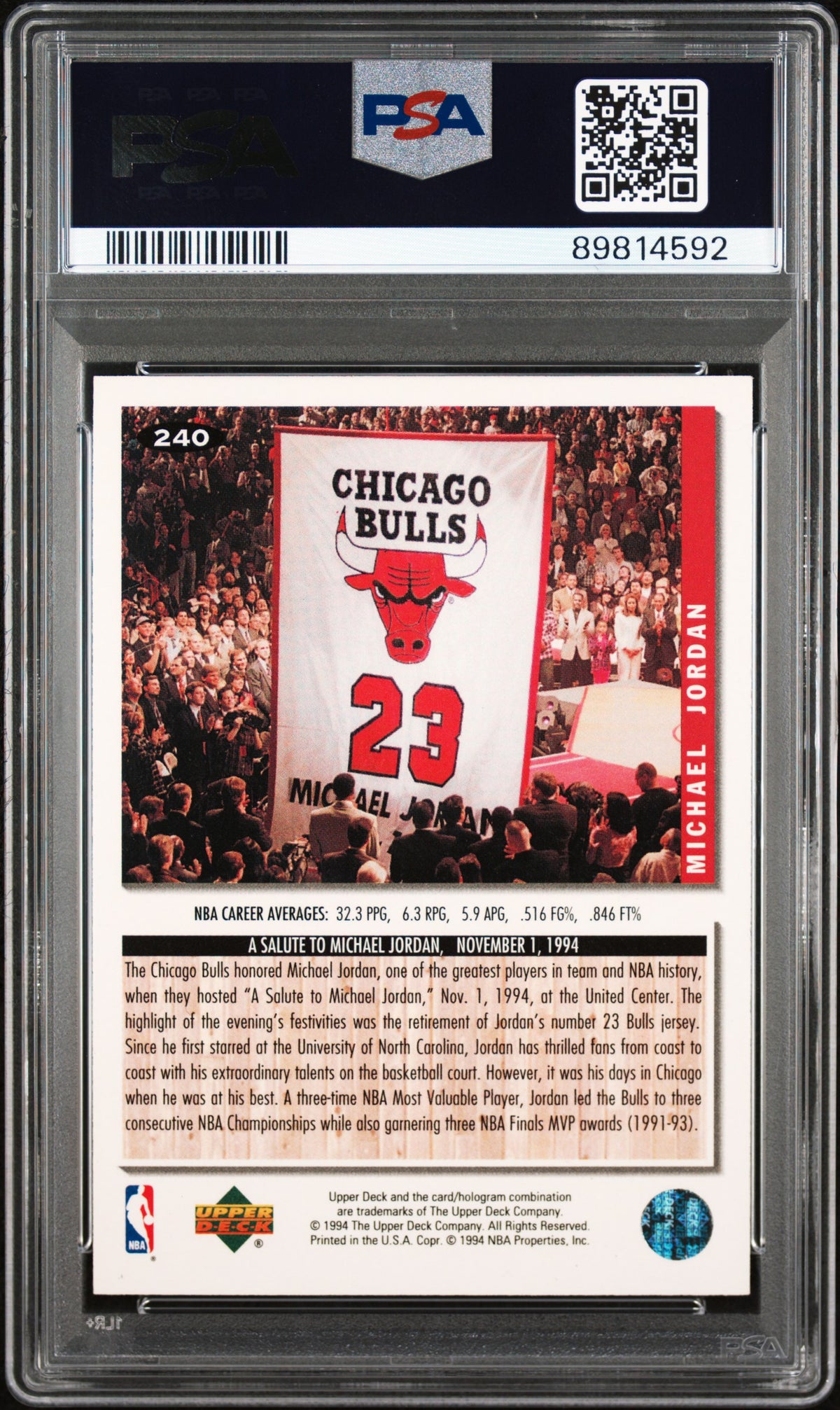 Michael Jordan 1994 Upper Deck Collectors Choice Chicago Bulls Basketball Card #240 Graded PSA 9 Cert #89814592-Powers Sports Memorabilia