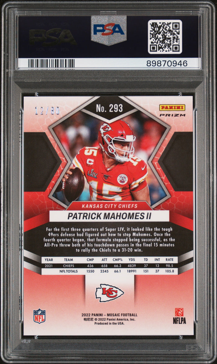 Patrick Mahomes 2022 Mosaic Red Yellow Card #293 PSA 10 /80-Powers Sports Memorabilia