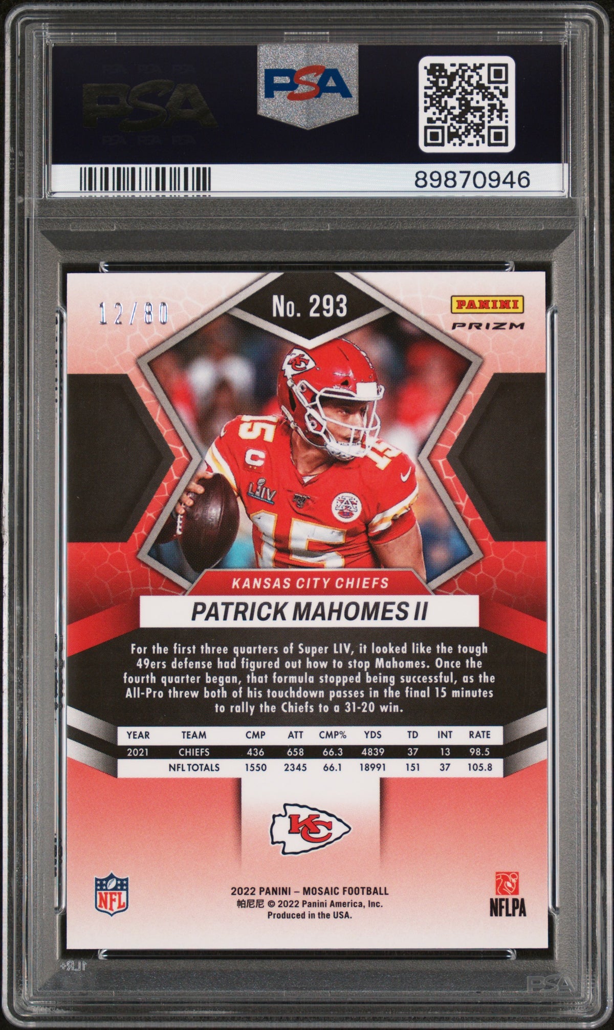 Patrick Mahomes 2022 Mosaic Red Yellow Card #293 PSA 10 /80