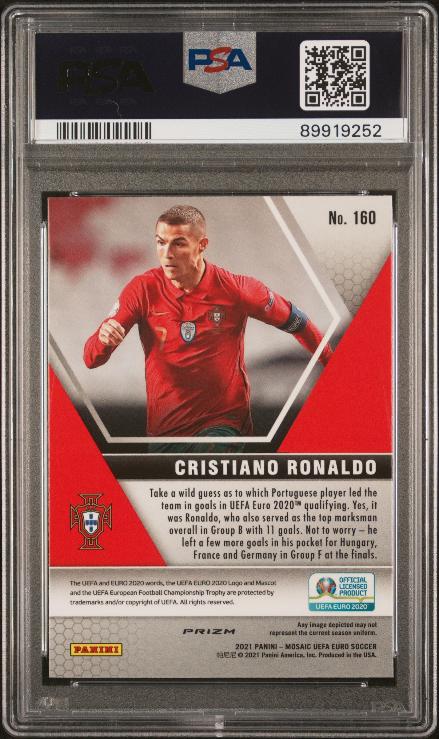 Cristiano Ronaldo 2020 Panini Mosaic UEFA EURO Red Green Choice Soccer Card #160 Graded PSA 10-Powers Sports Memorabilia