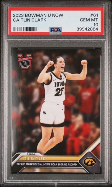 Caitlin Clark 2023 Bowman U Now Breaks Pete Maravichs's All-Time Scoring Record Rookie Card #61 Graded PSA 10-Powers Sports Memorabilia