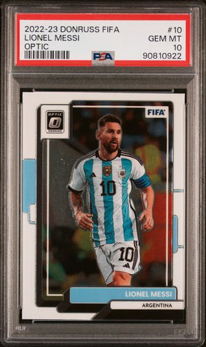 Lionel Messi 2022 Panini Donruss Optic FIFA Soccer Card #10 Graded PSA 10-Powers Sports Memorabilia