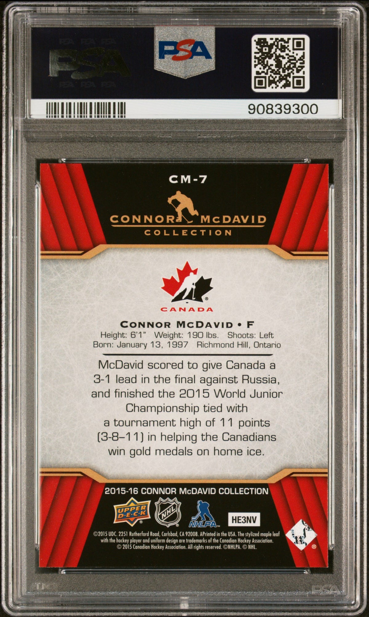 Connor McDavid 2015 Upper Deck Collection Hockey Rookie Card #CM-7 Graded PSA 10 Cert #90839300-Powers Sports Memorabilia