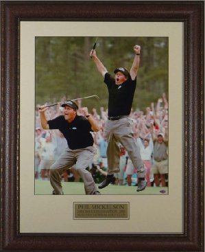 Phil Mickelson 2004 Masters Champion Jump 2 pose 11 x 14 Photograph Premium Leather Framing-Powers Sports Memorabilia