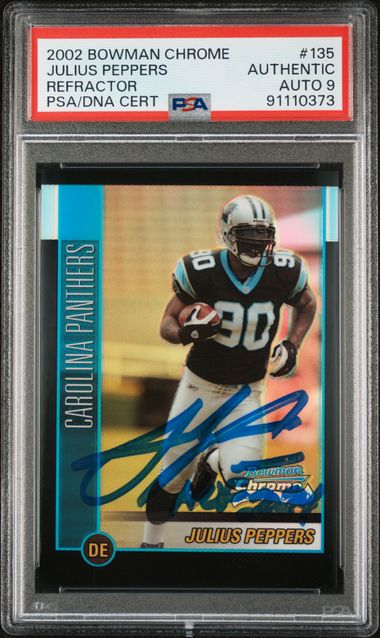 Julius Peppers 2002 Bowman Chrome Refractor HOF 24 Rookie Card #135 Auto PSA 9 312/500-Powers Sports Memorabilia