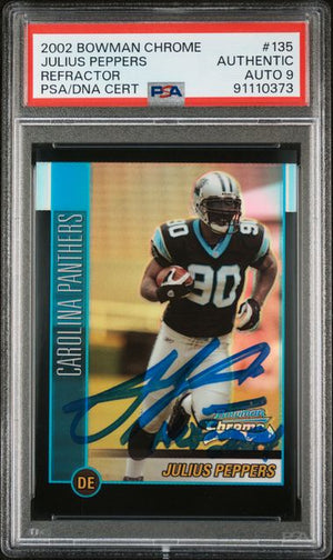 Julius Peppers 2002 Bowman Chrome Refractor HOF 24 Rookie Card #135 Auto PSA 9 312/500-Powers Sports Memorabilia