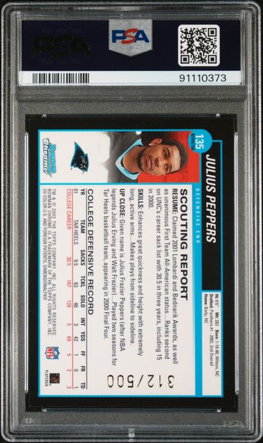 Julius Peppers 2002 Bowman Chrome Refractor HOF 24 Rookie Card #135 Auto PSA 9 312/500-Powers Sports Memorabilia