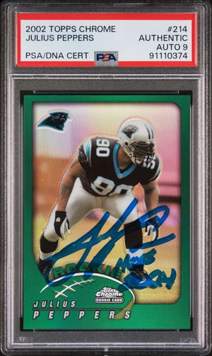 Julius Peppers 2002 Topps Chrome HOF 24 Signed Rookie Card #214 Auto PSA 9 10374-Powers Sports Memorabilia