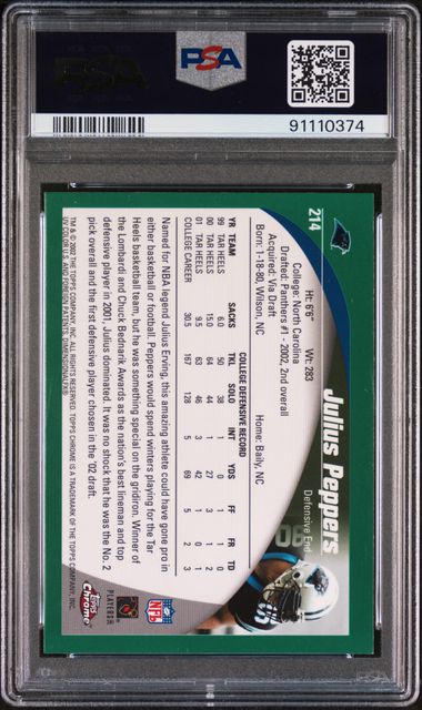 Julius Peppers 2002 Topps Chrome HOF 24 Signed Rookie Card #214 Auto PSA 9 10374-Powers Sports Memorabilia