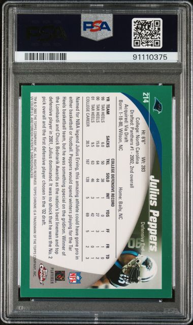 Julius Peppers 2002 Topps Chrome HOF 24 Signed Rookie Card #214 Auto PSA 9 10375-Powers Sports Memorabilia