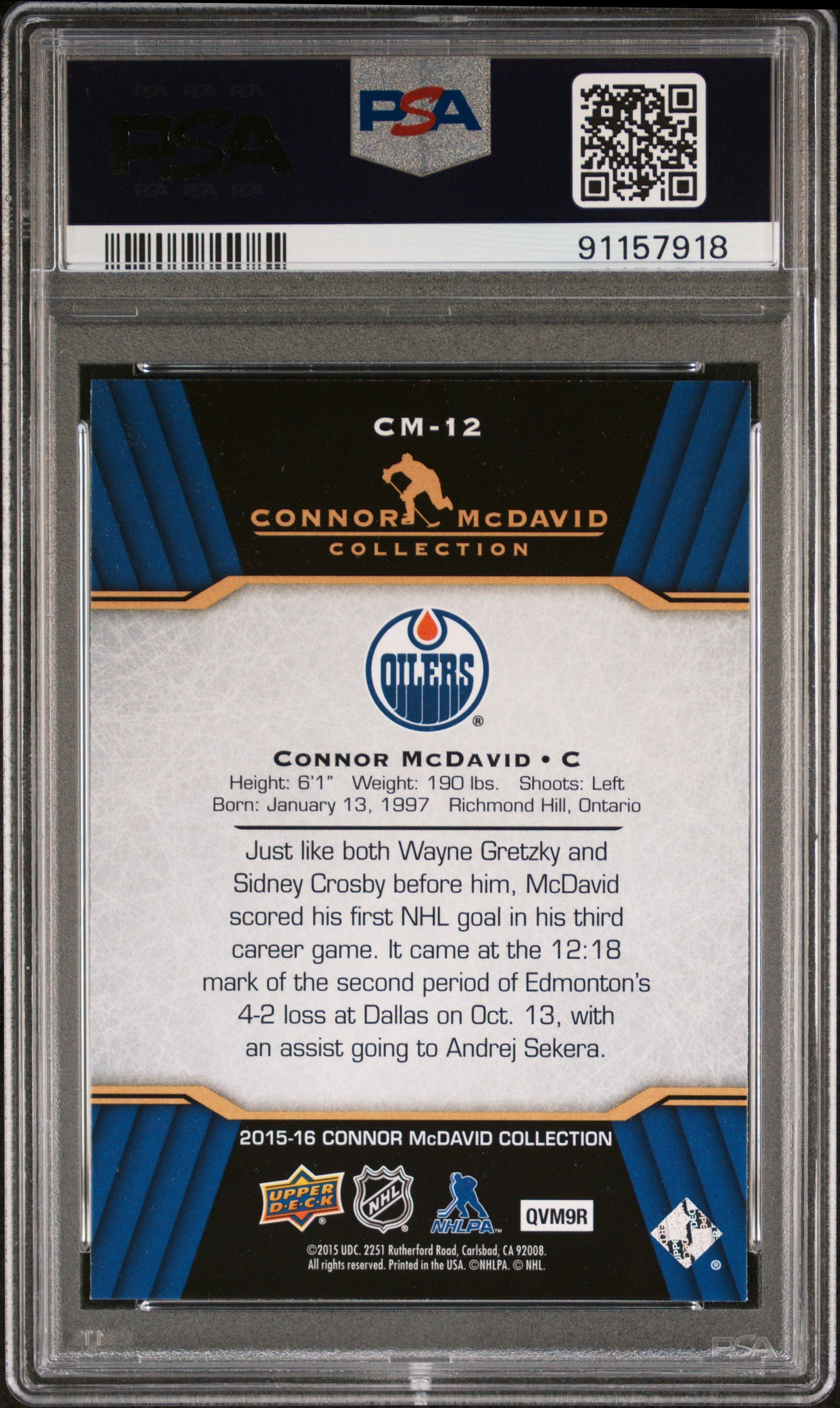 Connor McDavid 2015 Upper Deck Hockey Rookie Card RC #CM-12 Graded PSA 10-Powers Sports Memorabilia