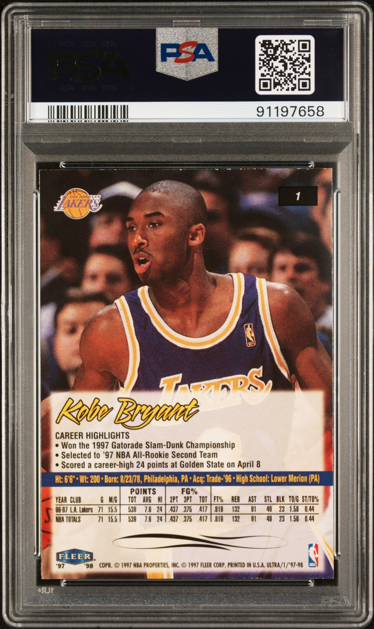 Kobe Bryant 1997 Ultra Los Angeles Lakers Card #1 PSA 7