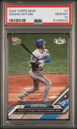Shohei Ohtani 2024 Topps Now 1st Dodgers Hit Baseball Card #1 Graded PSA 10 Cert # 91268943