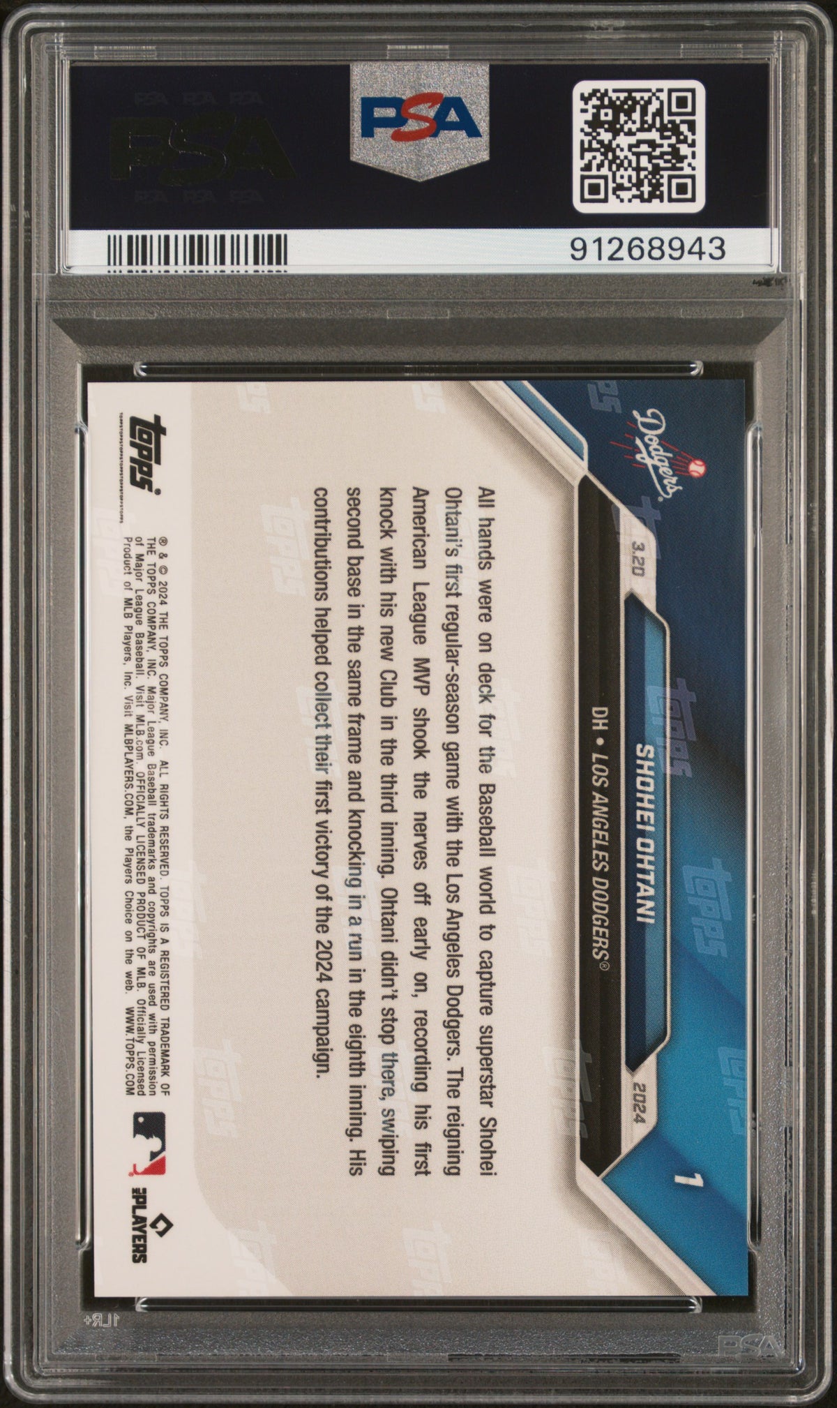 Shohei Ohtani 2024 Topps Now 1st Dodgers Hit Baseball Card #1 Graded PSA 10 Cert # 91268943