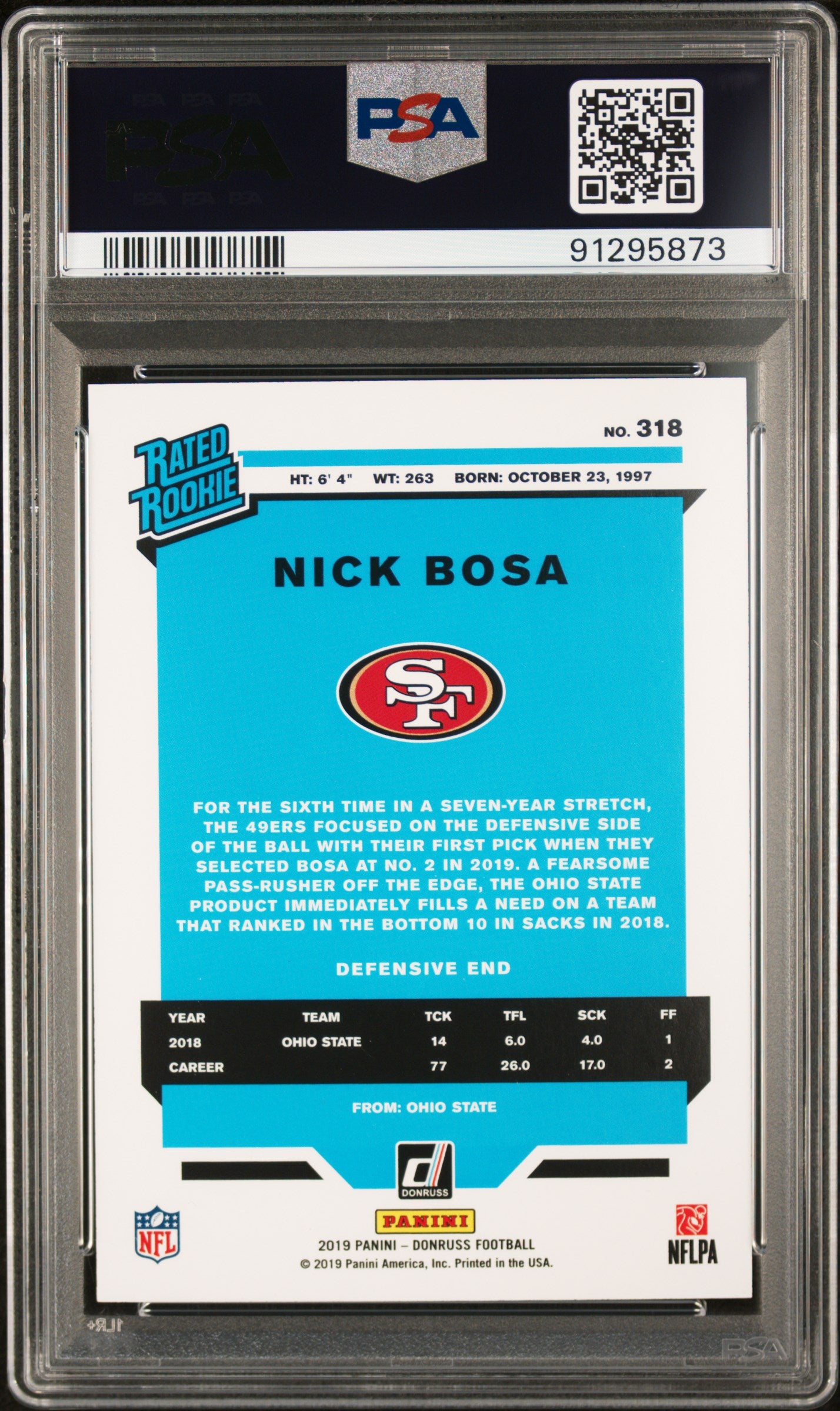 Nick Bosa 2019 Panini Donruss Football Rookie Card #318 Graded PSA 10-Powers Sports Memorabilia