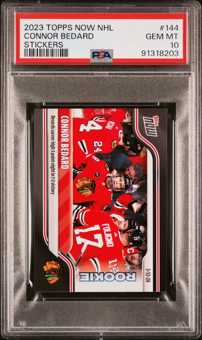 Connor Bedard 2023 Topps Now NHL Stickers Hockey Rookie Card #144 Graded PSA 10 Cert #91318203-Powers Sports Memorabilia