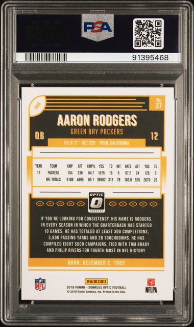 Aaron Rodgers 2018 Panini Donruss Optic Football Card #37 Graded PSA 10-Powers Sports Memorabilia