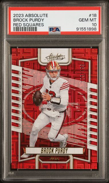 Brock Purdy 2023 Panini Absolute Red Squares Card #18 Graded PSA 10 309/499-Powers Sports Memorabilia