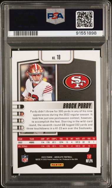 Brock Purdy 2023 Panini Absolute Red Squares Card #18 Graded PSA 10 309/499-Powers Sports Memorabilia