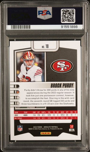 Brock Purdy 2023 Panini Absolute Red Squares Card #18 Graded PSA 10 309/499-Powers Sports Memorabilia